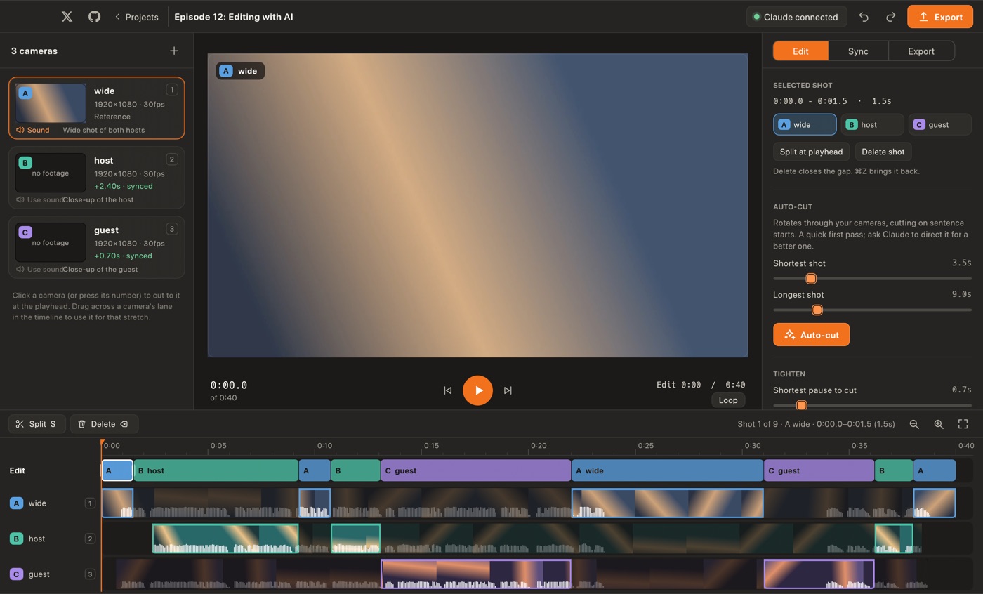The EditAI editor: a camera list, the preview, and a timeline with one lane per camera and the cut between them